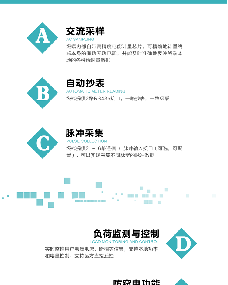 功能及特點(diǎn)：
1、交流采樣, 終端內(nèi)部自帶高精度電能計(jì)量芯片，可精確地計(jì)量終端本身的有功無(wú)功電能，并能及時(shí)準(zhǔn)確地反映終端本地的各種瞬時(shí)量數(shù)據(jù)。
2、自動(dòng)抄表，終端提供2路RS485接口，一路抄表，一路級(jí)聯(lián)
3、脈沖采集，終端提供2 ~ 6路遙信 / 脈沖輸入接口（可選，可配置），可以實(shí)現(xiàn)采集不同脈寬的脈沖數(shù)據(jù)
4、負(fù)荷監(jiān)測(cè)與控制，實(shí)時(shí)監(jiān)控用戶電壓電流、斷相等信息，支持本地功率和電量控制，支持遠(yuǎn)方直接遙控