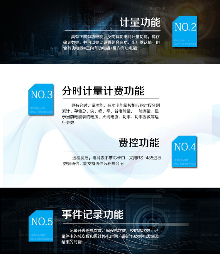 主要功能：
具有雙向分時(shí)計(jì)量、信息存儲(chǔ)及處理、測量及監(jiān)測、數(shù)據(jù)凍結(jié)、安全認(rèn)證、遠(yuǎn)程費(fèi)控、停電抄表等功能，記錄各類事件。
通訊方式：485通訊，紅外通訊，相互獨(dú)立。
